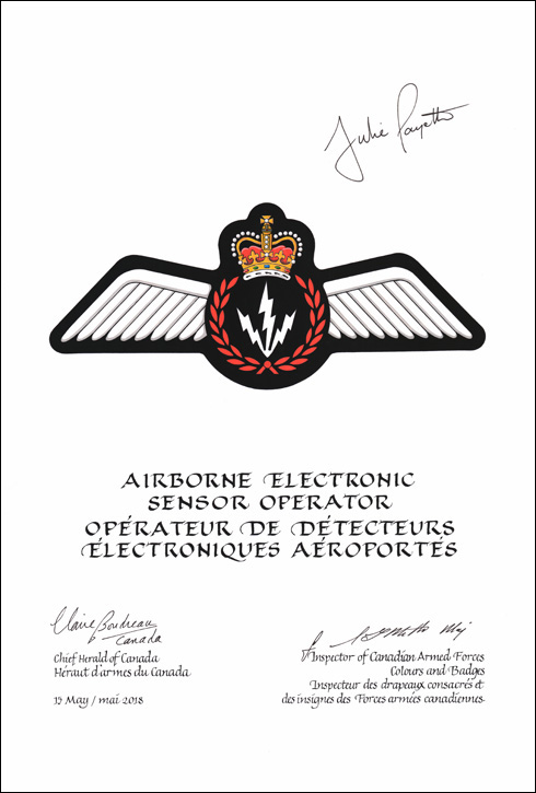 Lettres patentes approuvant les emblèmes héraldiques d'un opérateur de détecteurs électroniques aéroportés des Forces armées canadiennes