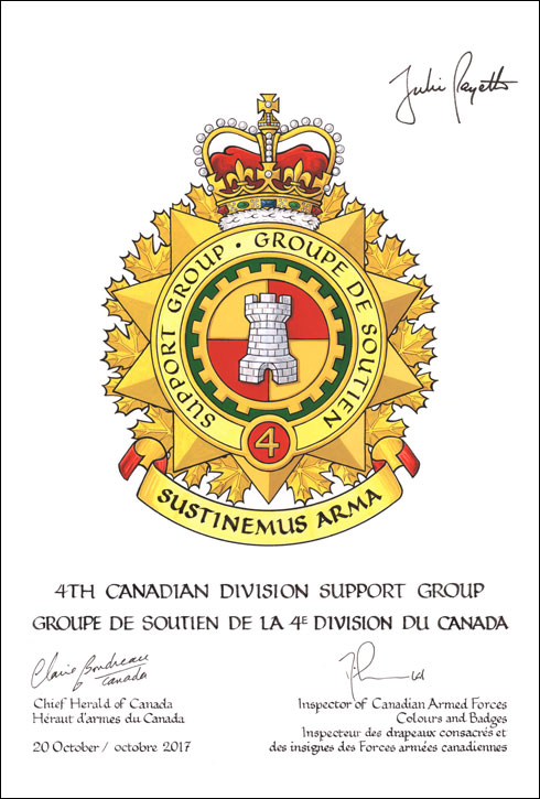 Letters patent approving the heraldic emblems of the 4th Canadian Division Support Group