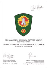 Letters patent approving the heraldic emblems of the 4th Canadian Division Support Group