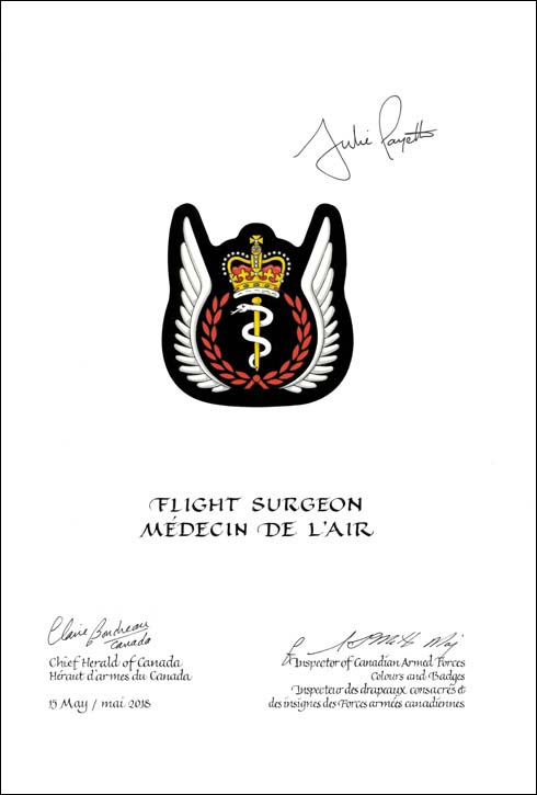 Lettres patentes approuvant les emblèmes héraldiques d'un médecin de l’air des Forces armées canadiennes