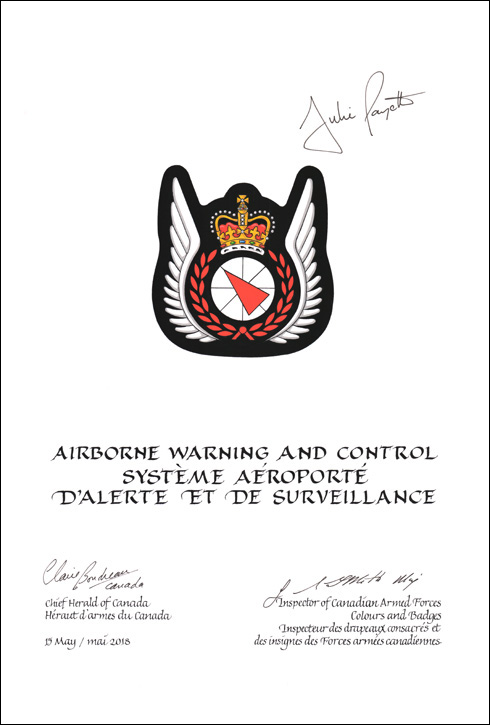 Lettres patentes approuvant les emblèmes héraldiques du Système aéroporté d’alerte et de surveillance des Forces armées canadiennes