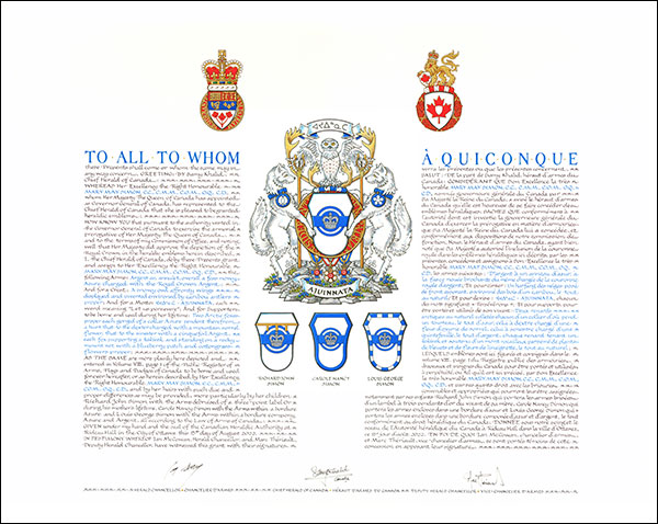 Letters patent granting heraldic emblems to Mary May Simon