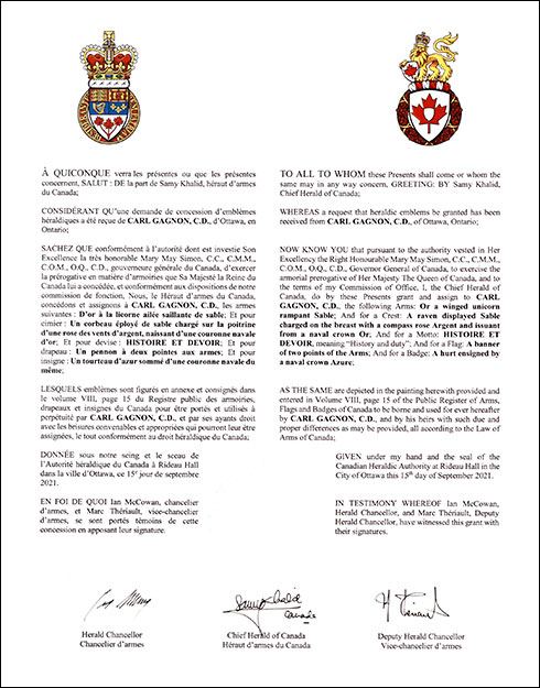 Letters patent granting heraldic emblems to Carl Gagnon