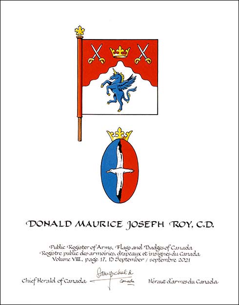 Letters patent granting heraldic emblems to Donald Maurice Joseph Roy