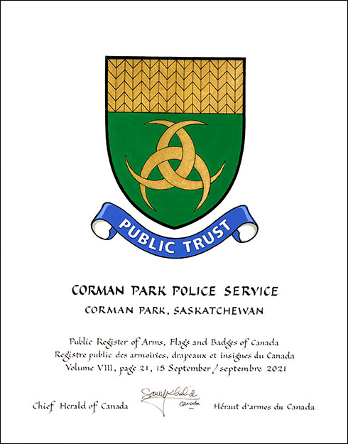 Lettres patentes concédant des emblèmes héraldiques au Corman Park Police Service