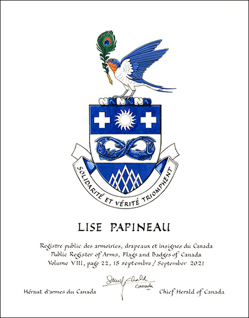 Letters patent granting heraldic emblems to Lise Papineau