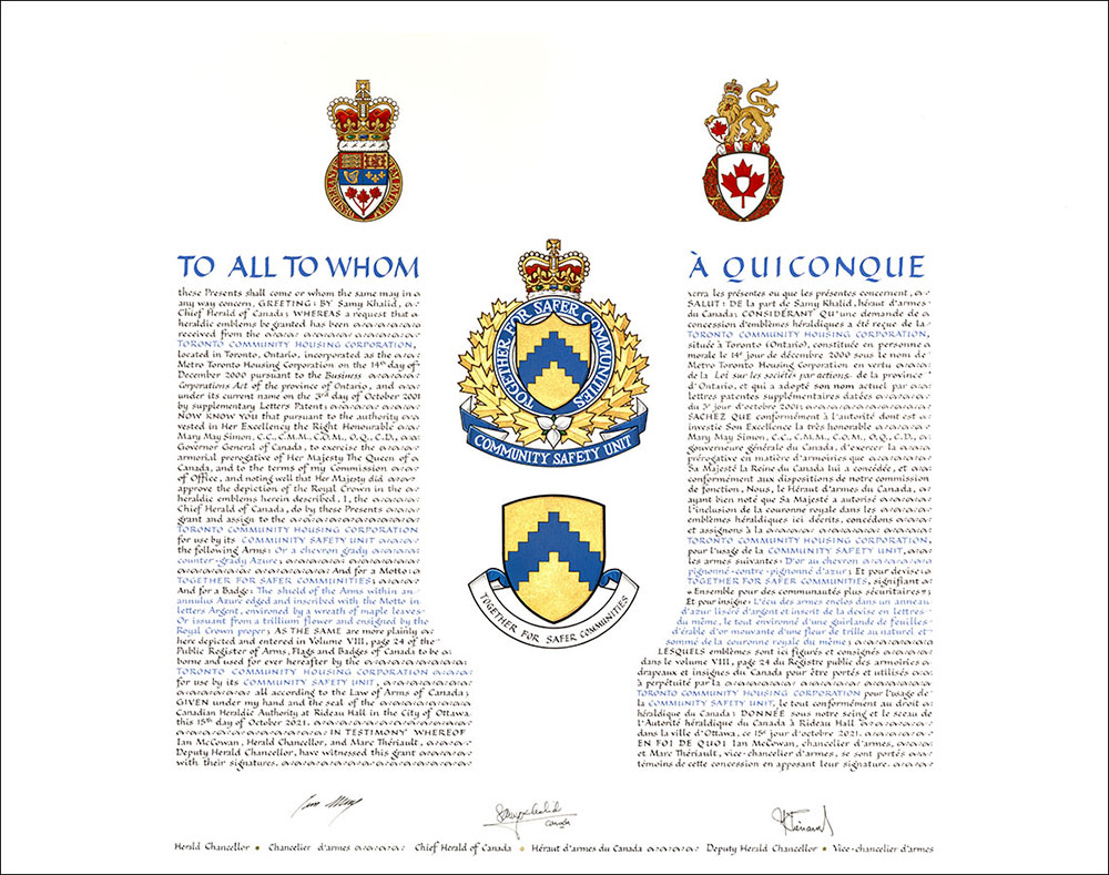 Letters patent granting heraldic emblems to the Toronto Community Housing Corporation