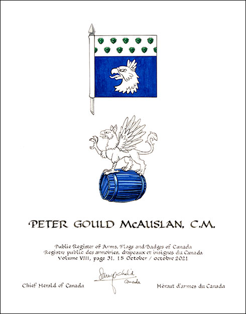 Lettres patentes concédant des emblèmes héraldiques à Peter Gould McAuslan