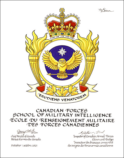 Lettres patentes approuvant les emblèmes héraldiques de l'École du renseignement militaire des Forces canadiennes