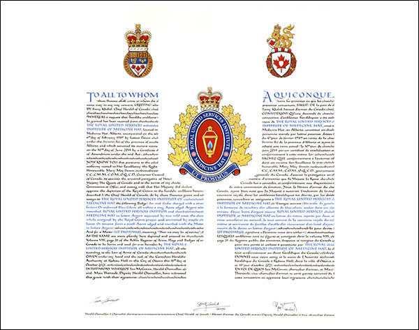 Lettres patentes concédant des emblèmes héraldiques à The Royal United Services Institute of Medicine Hat