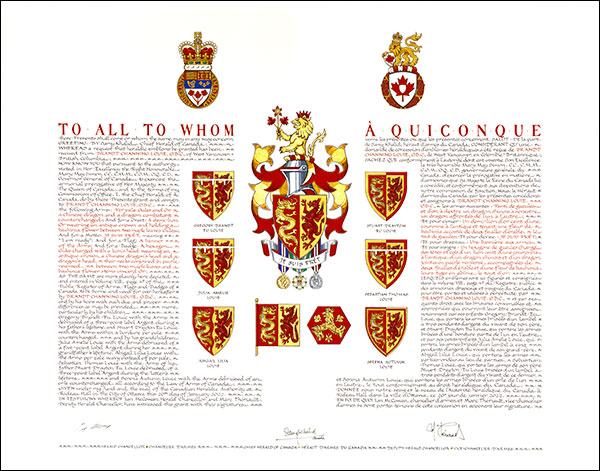 Letters patent granting heraldic emblems to Brandt Channing Louie