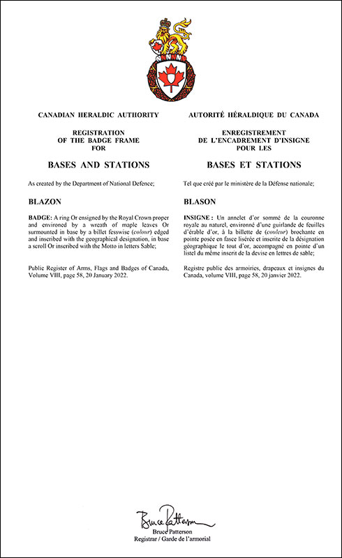 Lettres patentes enregistrant l'encadrement d'insigne pour les bases et stations des Forces armées canadiennes