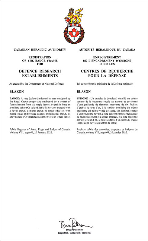 Letters patent registering the badge frame for Defence Research Establishments of the Canadian Armed Forces