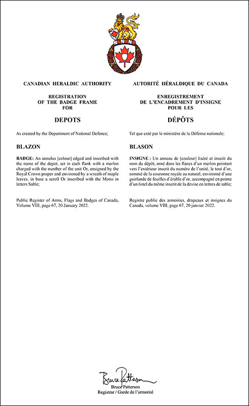 Letters patent registering the badge frame for Depots of the Canadian Armed Forces