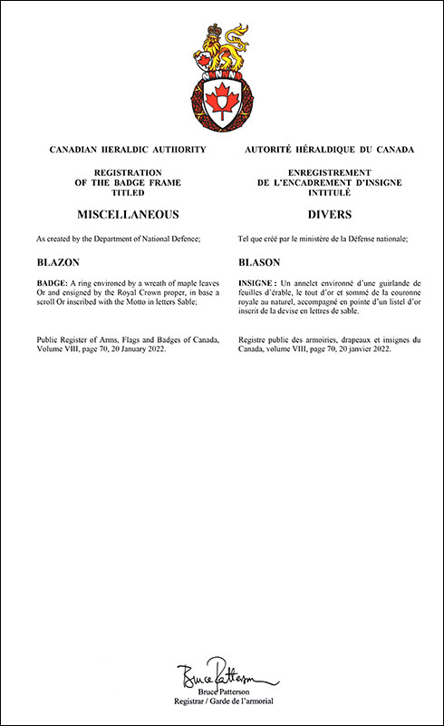 Letters patent registering the badge frame for Miscellaneous Units of the Canadian Armed Forces