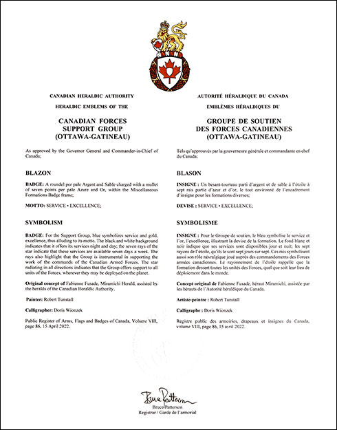 Letters patent approving the heraldic emblems of the Canadian Forces Support Group (Ottawa-Gatineau)