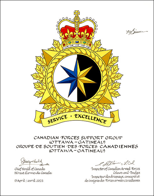 Letters patent approving the heraldic emblems of the Canadian Forces Support Group (Ottawa-Gatineau)