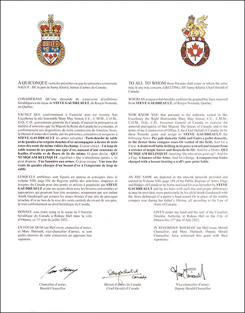 Letters patent granting heraldic emblems to Steve Gaudreault Letters patent granting heraldic emblems to Steve Gaudreault