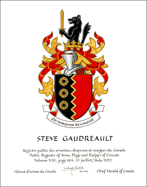Letters patent granting heraldic emblems to Steve Gaudreault Letters patent granting heraldic emblems to Steve Gaudreault