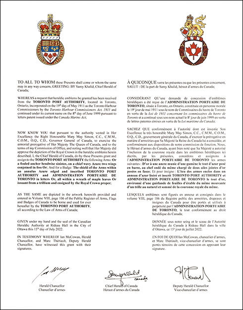 Letters patent granting heraldic emblems to the Toronto Port Authority