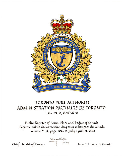 Letters patent granting heraldic emblems to the Toronto Port Authority