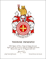 Letters patent granting heraldic emblems to Theodore Papadatos