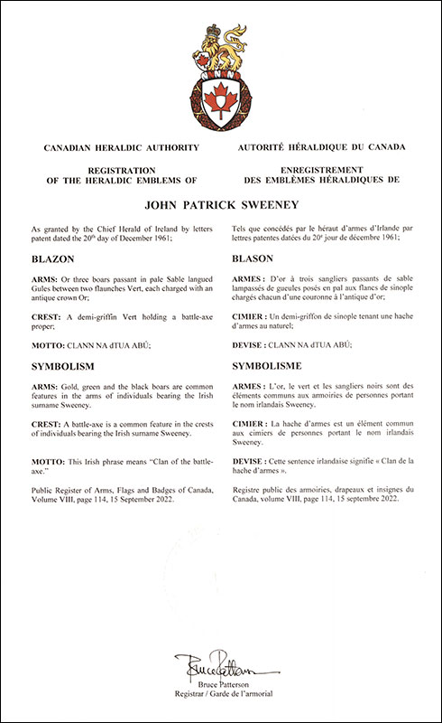 Arms of John Patrick Sweeney Arms of John Patrick Sweeney