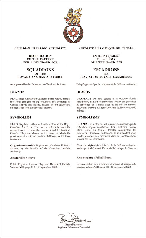 Lettres patentes enregistrant le schéma de drapeau des escadrons de l'Aviation royale canadienne