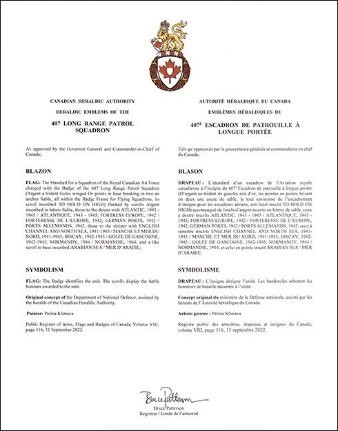 Letters patent approving the heraldic emblems of the 407 Long Range Patrol Squadron