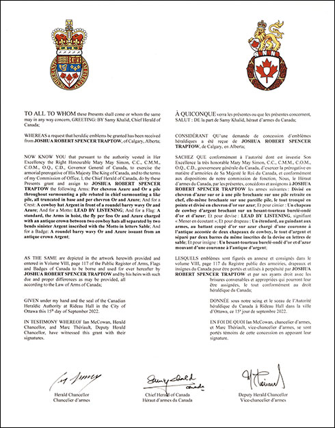 Letters patent granting heraldic emblems to Joshua Robert Spencer Traptow