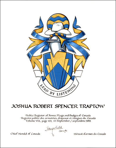 Letters patent granting heraldic emblems to Joshua Robert Spencer Traptow Letters patent granting heraldic emblems to Joshua Robert Spencer Traptow