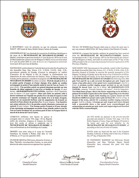 Letters patent granting heraldic emblems to the Municipalité de Mulgrave-et-Derry Letters patent granting heraldic emblems to the Municipalité de Mulgrave-et-Derry
