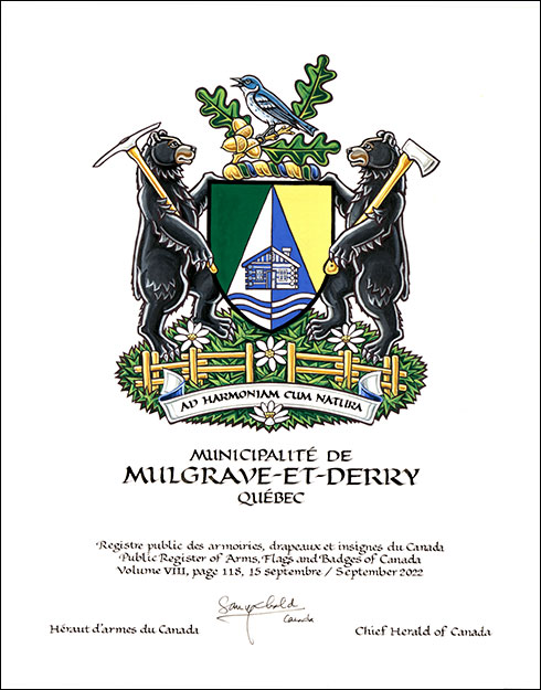 Letters patent granting heraldic emblems to the Municipalité de Mulgrave-et-Derry