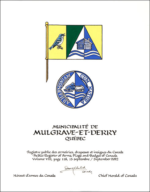 Letters patent granting heraldic emblems to the Municipalité de Mulgrave-et-Derry