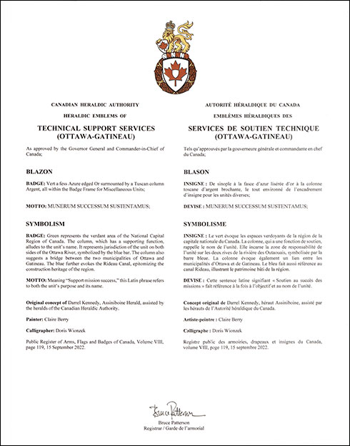Letters patent approving the heraldic emblems of Technical Support Services (Ottawa-Gatineau)