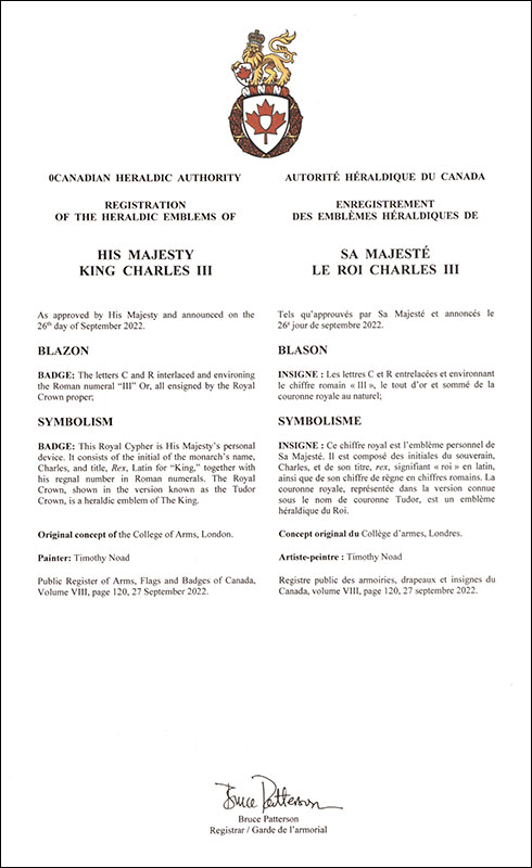 Letters patent registering the heraldic emblems of Charles III, King of Canada