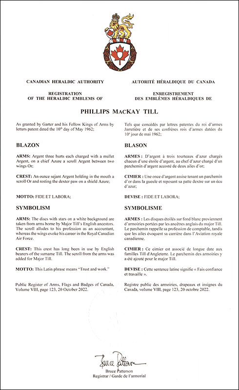 Letters patent registering the heraldic emblems of Phillips MacKay Till Letters patent registering the heraldic emblems of Phillips MacKay Till
