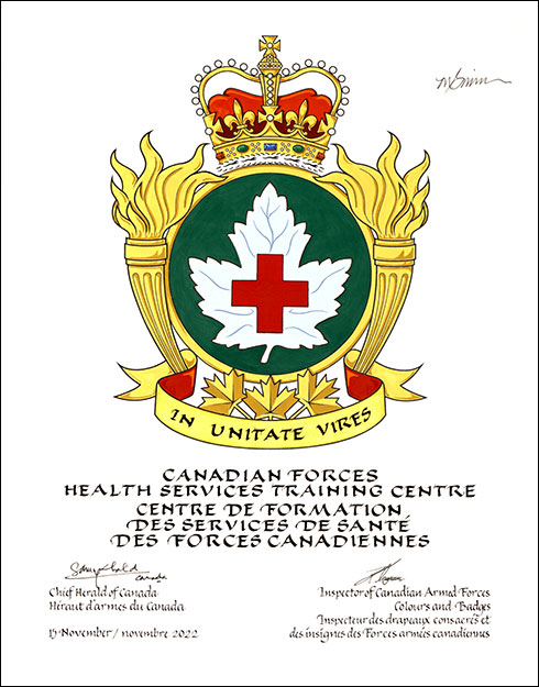 Letters patent approving the heraldic emblems of the Canadian Forces Health Services Training Centre