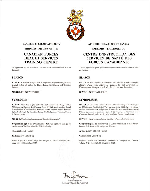 Letters patent approving the heraldic emblems of the Canadian Forces Health Services Training Centre