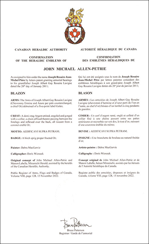 Letters patent confirming the heraldic emblems of John Michael Allen-Petrie Letters patent confirming the heraldic emblems of John Michael Allen-Petrie