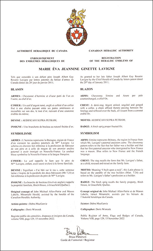 Letters patent registering the heraldic emblems of Marie Éva Jeannine Ginette Lavigne Letters patent registering the heraldic emblems of Marie Éva Jeannine Ginette Lavigne