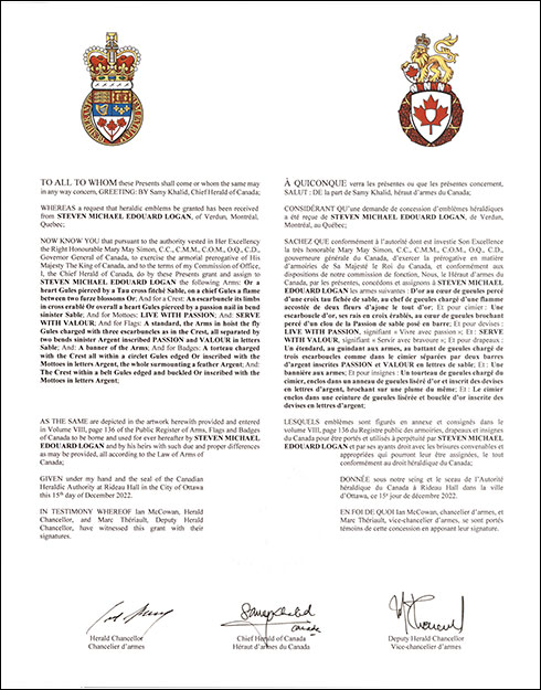 Letters patent granting heraldic emblems to Steven Michael Edouard Logan Letters patent granting heraldic emblems to Steven Michael Edouard Logan