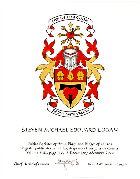 Letters patent granting heraldic emblems to Steven Michael Edouard Logan