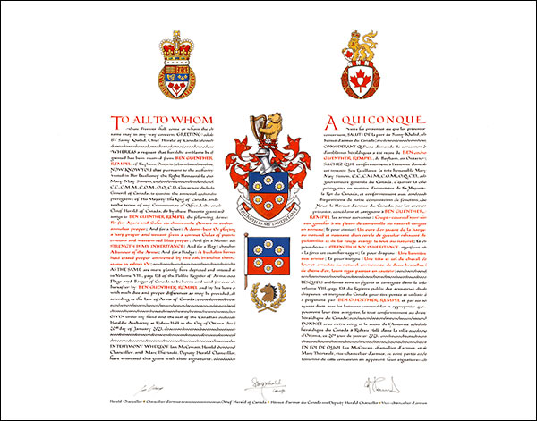 Letters patent granting heraldic emblems to Ben Guenther Rempel Letters patent granting heraldic emblems to Ben Guenther Rempel