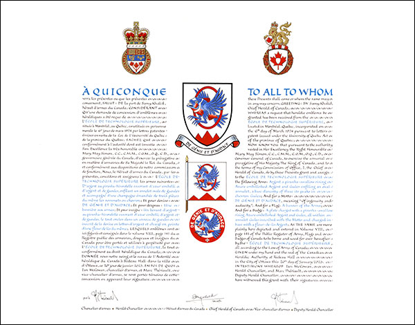 Letters patent granting heraldic emblems to the École de technologie supérieure Letters patent granting heraldic emblems to the École de technologie supérieure