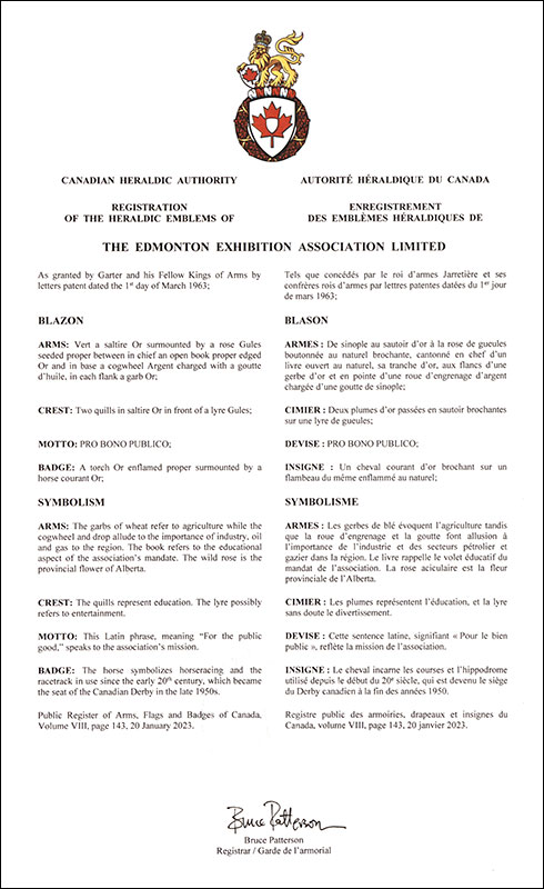 Letters patent registering the heraldic emblems of The Edmonton Exhibition Association Limited