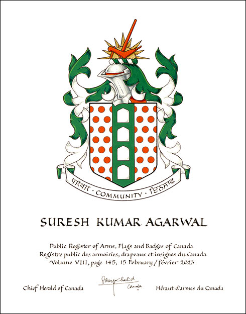 Letters patent granting heraldic emblems to Suresh Kumar Agarwal Letters patent granting heraldic emblems to Suresh Kumar Agarwal