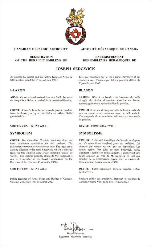 Letters patent registering the heraldic emblems of Joseph Sedgwick Letters patent registering the heraldic emblems of Joseph Sedgwick