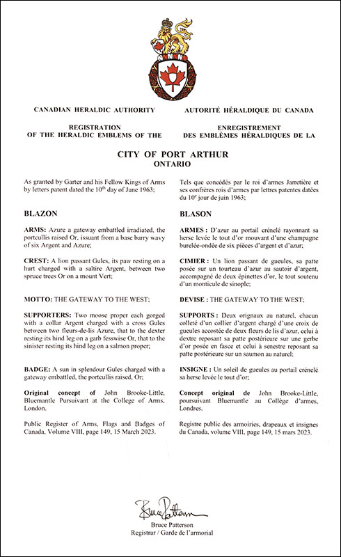 Letters patent registering the heraldic emblems of the City of Port Arthur Letters patent registering the heraldic emblems of the City of Port Arthur