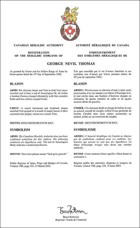Letters patent registering the heraldic emblems of George Nevil Thomas
